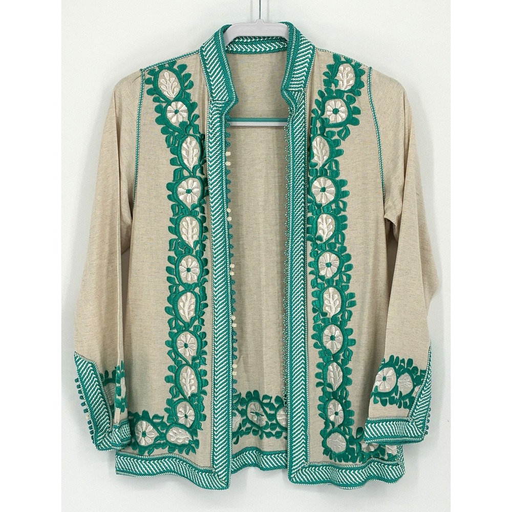 Women's Beige Open Front Jacket Green White Embroidered Floral Trim Boho